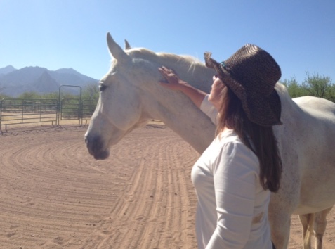 Susan touching the face of a white horse in a round pen